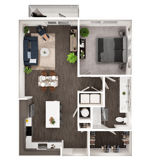 Floor plan for 1 bed, 1 bath, 905 sqft